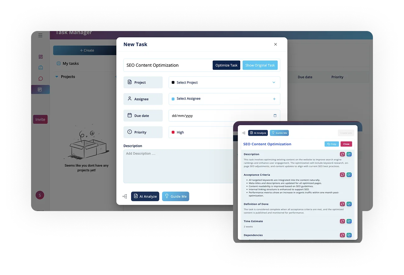 AI task manager interface displaying task creation for "SEO Content Optimization" with options for project selection, assignee, due date, priority setting, and detailed task description features.